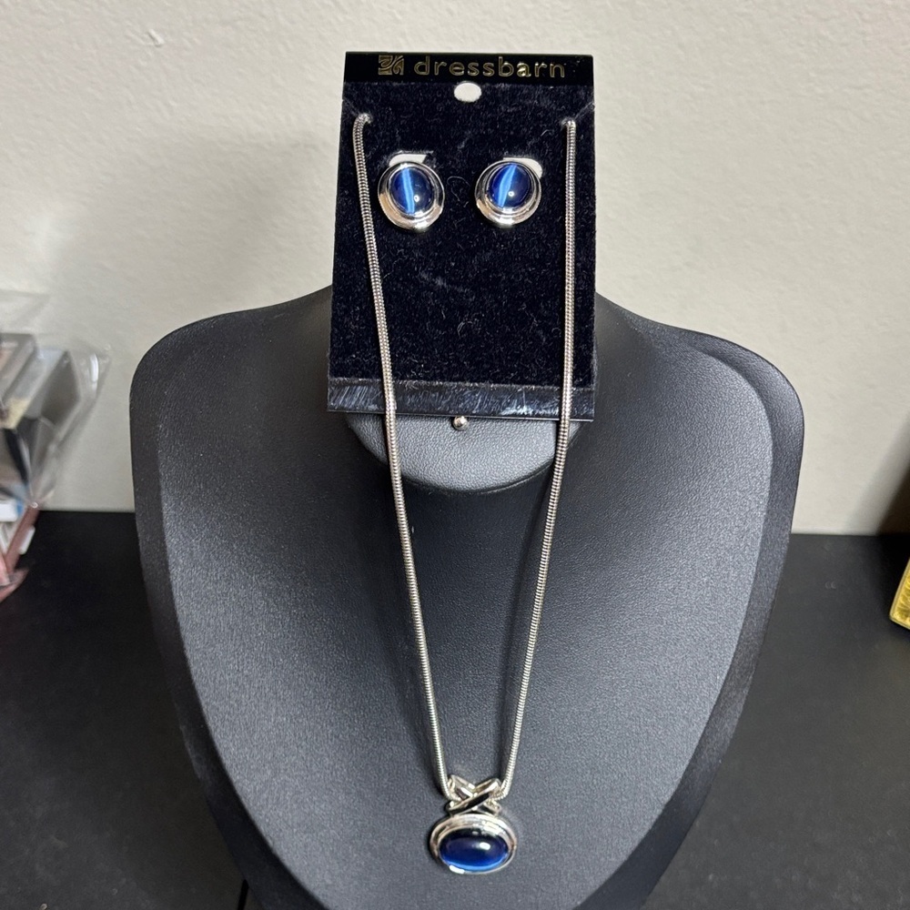 Dressbarn Silver Necklace with Deep Blue Accents Clip on Earrings Set New